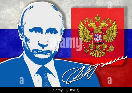 Vladimir Putin, Russia flag, coat of arms and signature Stock Photo