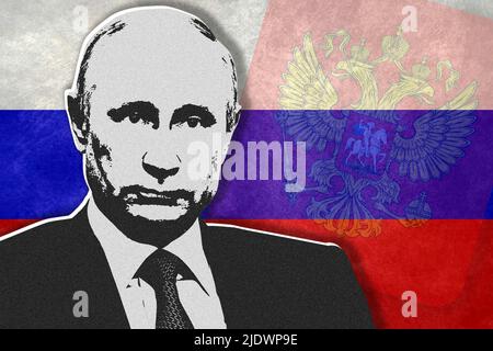 Vladimir Putin, Russia flag and coat of arms Stock Photo