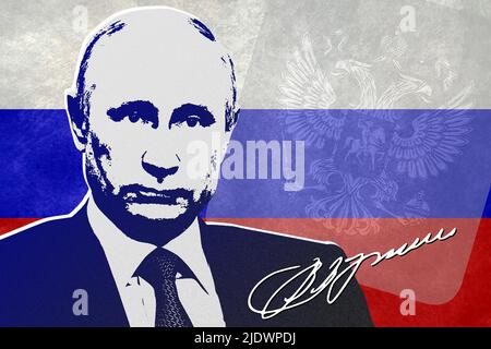 Vladimir Putin, Russia flag, coat of arms and signature Stock Photo