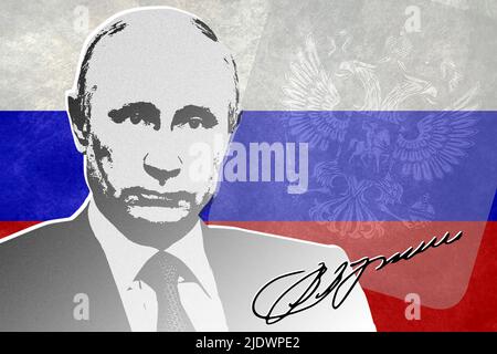 Vladimir Putin, Russia flag, coat of arms and signature Stock Photo