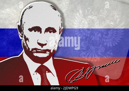 Vladimir Putin, Russia flag, coat of arms and signature Stock Photo