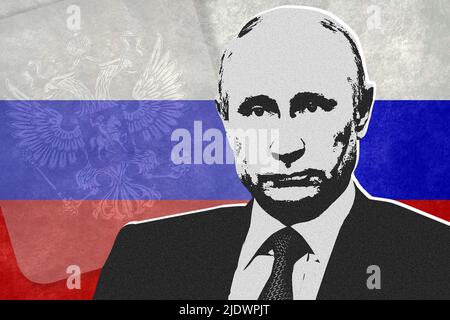 Vladimir Putin, Russia flag and coat of arms Stock Photo