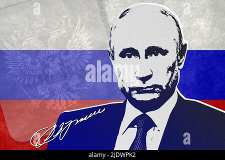 Vladimir Putin, Russia flag, coat of arms and signature Stock Photo