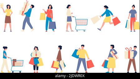 Flat buyers. Fashionable women and men on shopping. Isolated customer with bags and boxes. Gift and clothes purchasing, customers recent vector set Stock Vector
