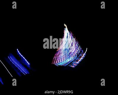 Successful space rocket lift off into cosmos empty blurred background. Space rocket takes off in the starry sky moving stream of sparks. Stock Photo
