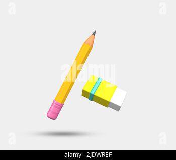 Pencil 3D Icon. Realistic 3d rendered yellow pencil symbol on white background. Education, study, drawing, learning and writing concept.  3D rendered Stock Photo