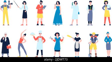 Different workers group. Variety occupations, worker teamwork flat characters. Mix different professionals, male and female professions recent vector Stock Vector