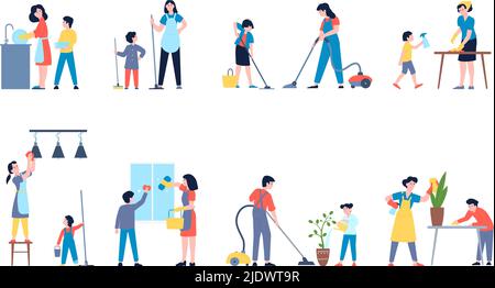 Kids parents cleaning. Help house to mom, happy family clean home. Teenage and children helping mother and father houseworking, laundry recent vector Stock Vector