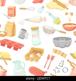 Baking ingredients seamless pattern. Cooking tools, accessories and cook equipment. Oil, pan, flour bag and eggs. Neat kitchen vector texture Stock Vector