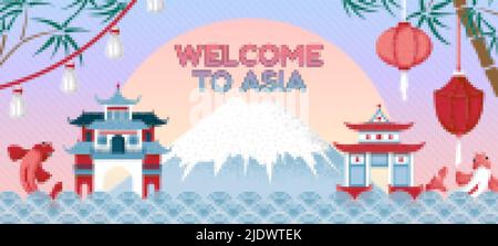 Asian travel background. Japan tourist banner with volcano and buildings. Oriental travelling asia poster, koi fish, traditional house swanky vector Stock Vector