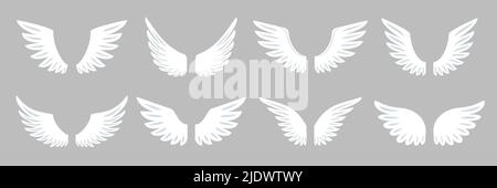 Angel wing flat set. Different shapes freedom heraldic symbol. Open white flying bird wings logo Stock Vector