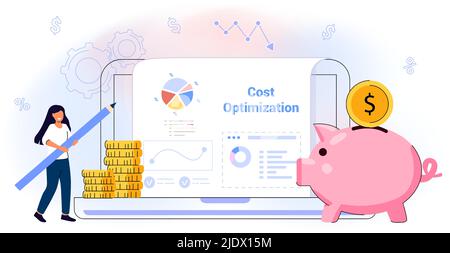 Cost optimization Idea balance Costs reduction strategy concept Isolated flat vector illustration web banner, landing page Marketing campaign manageme Stock Vector