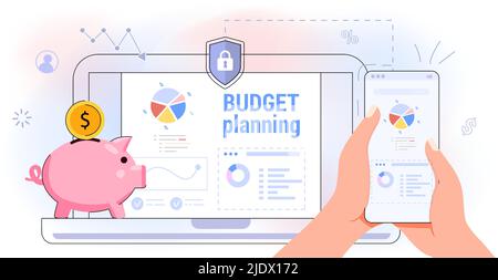 Financial planning app for earnings and expenses control Budget planning Cost optimization Budget management in mobile app Synchroniz computer Vector Stock Vector