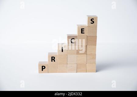 Concept of inflation and increasing prices spelled out in wooden blocks on a white background Stock Photo