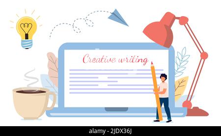 Content creative writing Copywriting and content marketing concept Flat tiny literature text author persons Story vector illustration Blogging Blogger Stock Vector