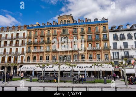 Pamplona, Spain - May 6th 2022 - Exterior of the Iruna Cafe restaurant on the Castillo square (Placa de Castillo) in Pamplona Stock Photo