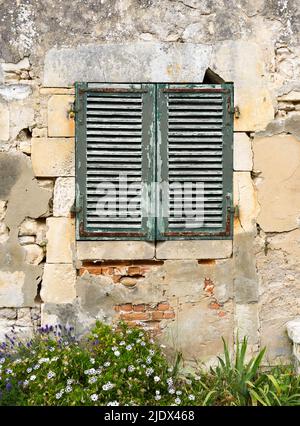 Old French window with worn out green wooden shutters Stock Photo