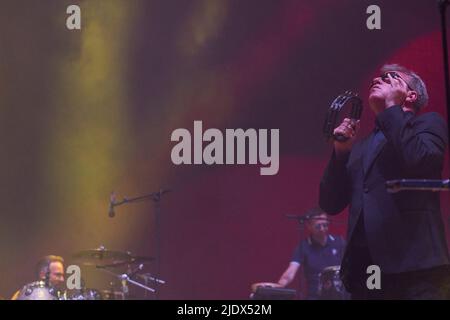 Madrid. Spain. 20220623,  Suggs, Chas Smash, Lee Thompson, Mike Barson from Madness performs on Stage during Noches del Botanico Festival at Royal Botanical Garden Alfonso XIII on June 23, 2022 in Madrid, Spain Stock Photo