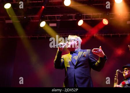 Madrid. Spain. 20220623,  Suggs, Chas Smash, Lee Thompson, Mike Barson from Madness performs on Stage during Noches del Botanico Festival at Royal Botanical Garden Alfonso XIII on June 23, 2022 in Madrid, Spain Stock Photo