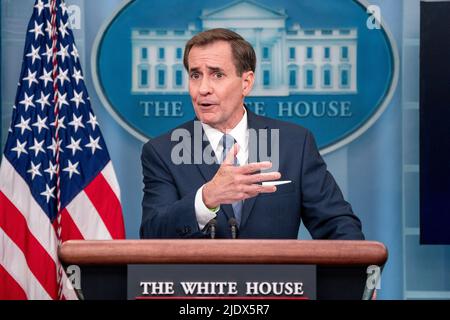 Washington, DC, USA. 23rd June, 2022. Coordinator for Strategic Communications at the National Security Council John Kirby responds to a question from the news media during the daily briefing in the White House briefing room in Washington, DC, USA, 23 June 2022. Credit: Shawn Thew/Pool via CNP/dpa/Alamy Live News Stock Photo