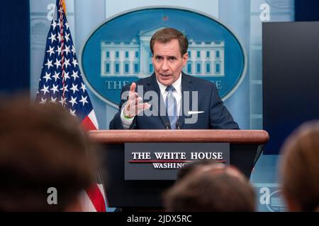 Washington, DC, USA. 23rd June, 2022. Coordinator for Strategic Communications at the National Security Council John Kirby responds to a question from the news media during the daily briefing in the White House briefing room in Washington, DC, USA, 23 June 2022. Credit: Shawn Thew/Pool via CNP/dpa/Alamy Live News Stock Photo