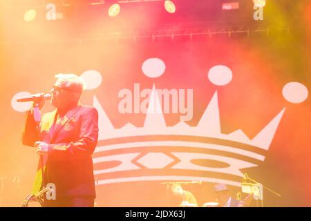 June 23, 2022, Madrid, Madrid, Spain: Suggs, Chas Smash, Lee Thompson, Mike Barson from Madness performs on Stage during Noches del Botanico Festival at Royal Botanical Garden Alfonso XIII on June 23, 2022 in Madrid, Spain (Credit Image: © Jack Abuin/ZUMA Press Wire) Stock Photo