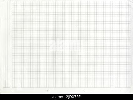 High resolution large image of a white uncoated checkered graph paper scan weathered beige tint thin textbook paper page with gray checkers copy space Stock Photo