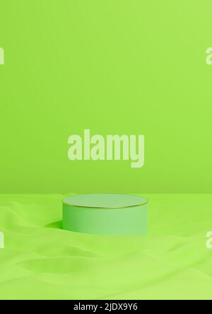 Bright, neon green 3D rendering minimal product display one luxury cylinder podium or stand on wavy textile product background wallpaper abstract comp Stock Photo