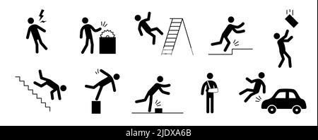 Stick figure man falling beware, hazard warning symbols. Person injury ...