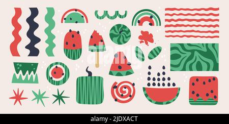 Watermelon. Set of isolated abstract elements for design. Geometric and freeform shapes in colors red and green. Ideal for packaging, postcards Stock Vector