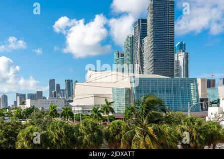 Miami, USA - September 11, 2019: Adrienne Arsht Center for the Performing Arts of Miami Dade County with palm trees Stock Photo