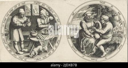 Sausage makers and a bagpipe player, Medallions with ambiguous edge lettering (series title), Two medallions with ambiguous edge lettering in German. On the left medallion, a woman turns a sausage at a table. Next to her is a man holding a folding rule. Under the table, a dog is eating. Behind them, a pot hangs over the fireplace. On the right medallion, a woman plays a bagpipe outside accompanied by a man., print maker: anonymous, after design by: Marten van Cleve (I), (attributed to), print maker: Southern Netherlands, after design by: Antwerp, 1555 - 1631, paper, engraving, height 149 mm × Stock Photo