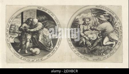 Couple holding a mirror and a fisherman handing a woman a fish, Medallions with ambiguous edge lettering (series title), Two medallions with ambiguous edge lettering in German. On the left medallion, a man and a woman, Claas and Geel, sit by a bed. They are looking at themselves and each other in a mirror. In front of them on the floor is a cat. On the right medallion, a woman is sitting by a stream. In front of her is a fisherman, who is handing her a fish., print maker: anonymous, after design by: Marten van Cleve (I), (attributed to), print maker: Southern Netherlands, after design by: Antw Stock Photo