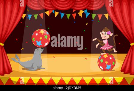 Cartoon seal and monkey performing ball balance on stage Stock Vector