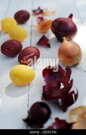 DIY Easter eggs naturally dyed with onion skins Stock Photo
