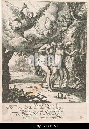 Expulsion from Paradise, Adam and Eve are expelled from Paradise by an angel with a flaming sword. Next to Eve walks Death as a skeleton., print maker: Rudolph Meyer, print maker: Conrad Meyer, after design by: Rudolph Meyer, 1650, paper, etching, height 129 mm × width 90 mm Stock Photo