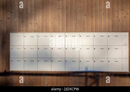 Germany, Bavaria, Munich, Rows of apartment mailboxes in Prinz-Eugen-Park complex Stock Photo