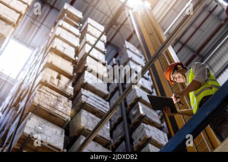 Happy worker wearing hardhat using tablet PC in warehouse Stock Photo