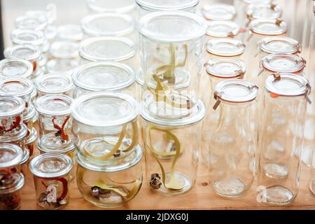 Empty glass containers on table at cafe Stock Photo