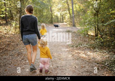 Mother with daughters walking on footpath in forest Stock Photo