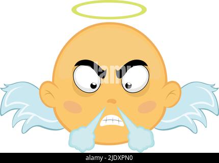 Vector illustration of the face of a yellow cartoon angel, with an angry expression and blowing smoke through the nose Stock Vector