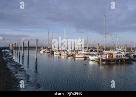 Germany, Lower Saxony, Juist, Various boats moored in town harbor Stock Photo
