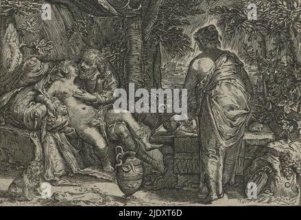 Lot and his daughters, The drunken Lot sits on a rock and kisses one of his daughters. She holds a wine glass in her hand and embraces her father. The other daughter stands in the foreground holding a pitcher. Both daughters seduce their father Lot and get him drunk so they can bear his children (Gen. 18: 31-34). In the background: the burning Sodom and Lot's wife as a pillar of salt (Gen. 18: 24-26). Stock Photo