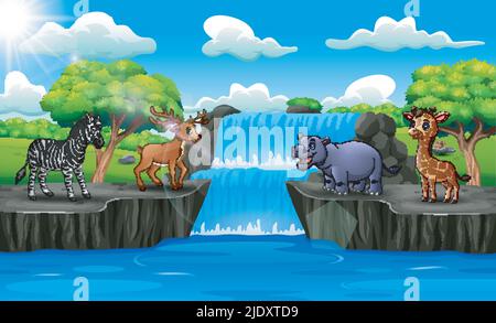 Happy animals enjoying on the waterfall Stock Vector