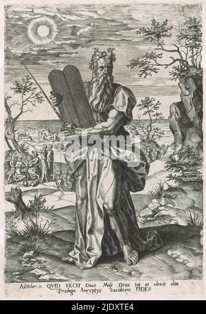 Moses with the tablets of the law, The letter to the Hebrews chapter 11 (series title), Moses holds two stone tablets on which the ten commandments are written; the tablets of the law. In the background scenes of the exodus from Egypt. Below the image is a two-line text in Latin, numbered mirrored in the right margin: 5. The print is part of a series of prints on the Letter to the Hebrews chapter 11., print maker: Pieter Jalhea Furnius, 1550 - 1625, paper, engraving, height 292 mm × width 199 mm Stock Photo