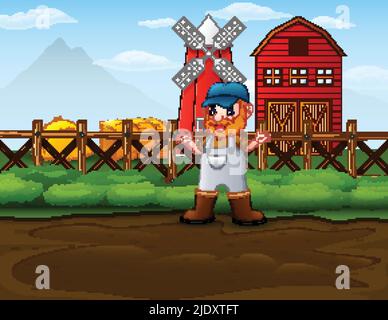 Happy farmer man standing in front of his barn Stock Vector