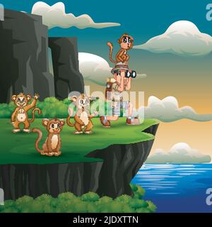 Boy using binoculars with a monkeys on the cliff Stock Vector
