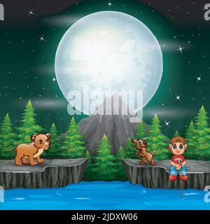 A boy fishing with animals in the night scene Stock Vector