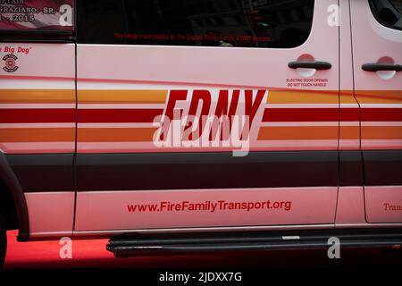 Manhattan, USA - 11. November 2021: FDNY Van, closeup of FDNY letters. New York Fire Department Stock Photo