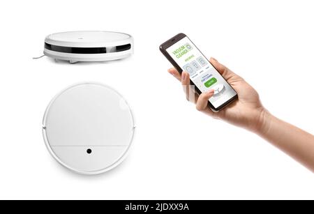 Woman with mobile phone and modern remote controlled robot vacuum cleaner on white background Stock Photo
